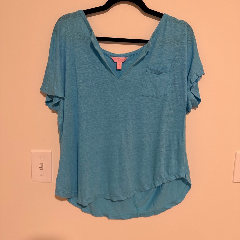Lilly Pulitzer Etta V-Neck Slub Jersey Tee Blue Short Sleeve Pocket Top XL